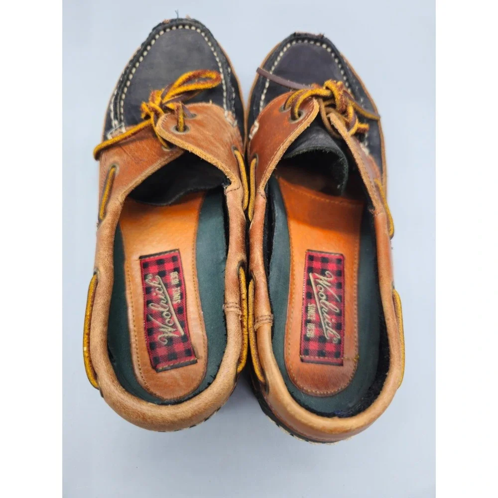 WOOLRICH Men's Navy Brown Leather Boat Loafers Shoes Size 7 Made in Italy